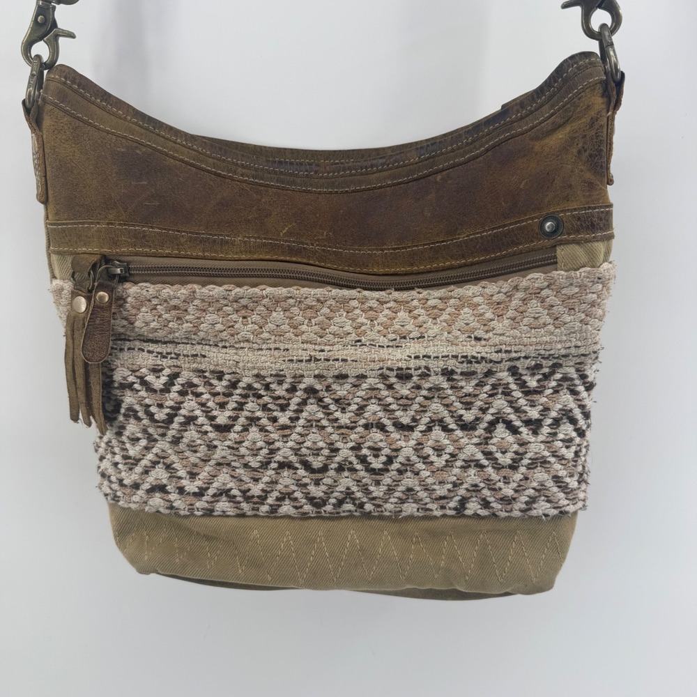 Myra Bag Canvas Leather Woven Geometric Crossbody Shoulder Bag Brown Tan Boho